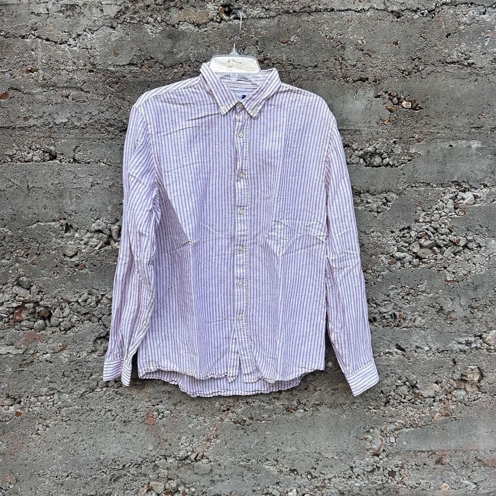 Zara Man Shirt Mens Large Euro Red Pinstripe Stand Band Collar Linen‎ Blend